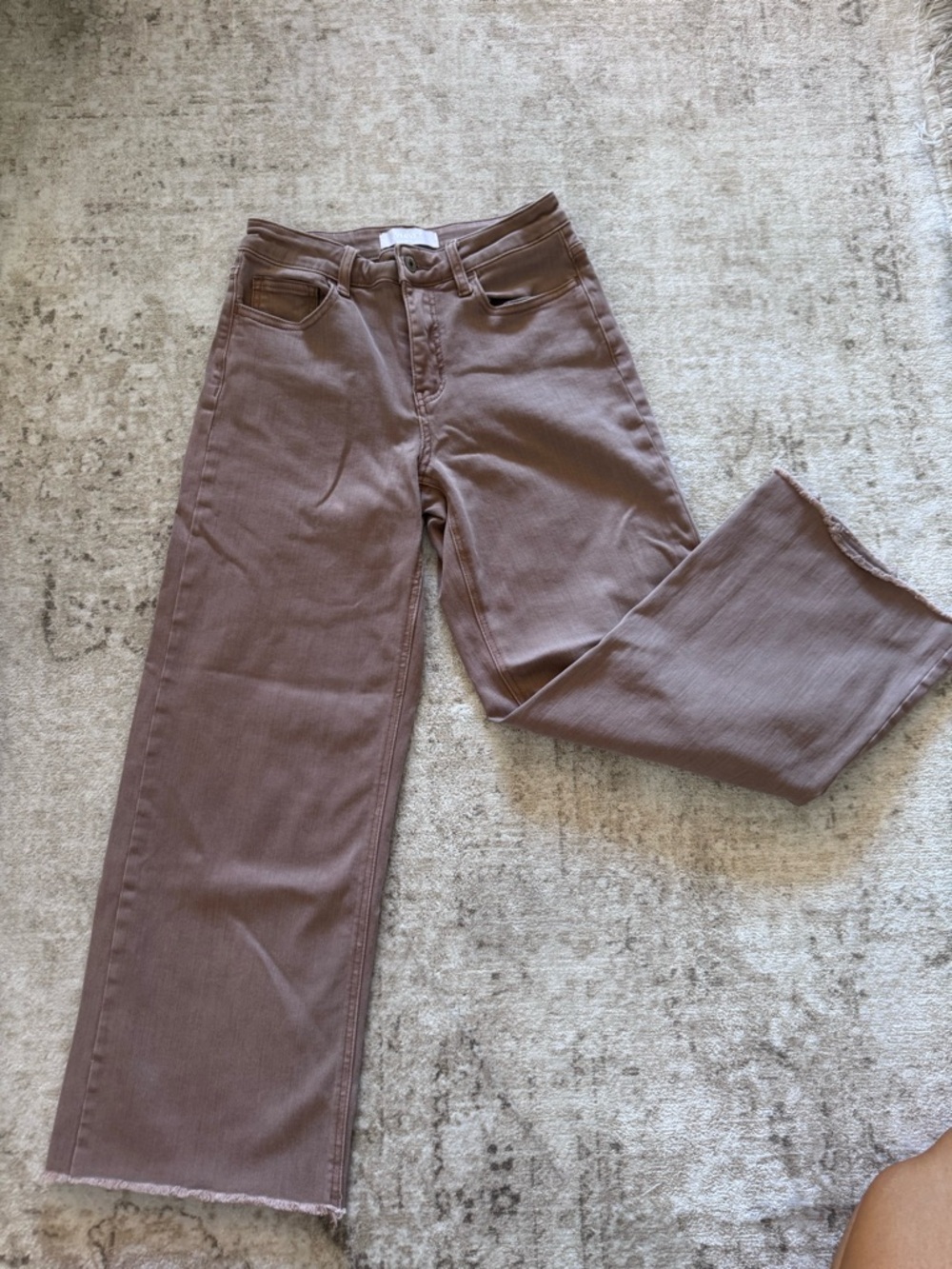 Verve High Rise Flare Jeans Taupe Brown Raw Hem Stretch Denim Size 26